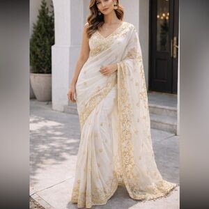 Brand new designer Indian hand embroidery Gota Patti pure silk chiffon saree